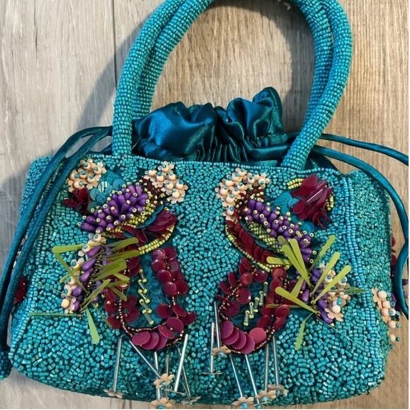 Viral Tik Tok Beaded Handbag Made in India Teal Blue Floral NWT - Picture 2 of 6